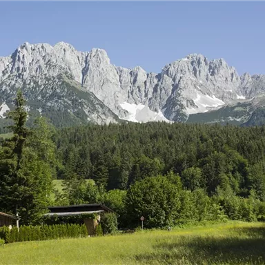 Eine beeindruckende Berglandschaft mit hohen, schroffen Gipfeln. Im Vordergrund gibt es eine grüne Wiese und Bäume, sowie einige Holzgebäude.
