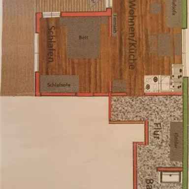 A floor plan drawing of an apartment. The rooms include a terrace, a bedroom, a living area with kitchen, a hallway, and a bathroom.
