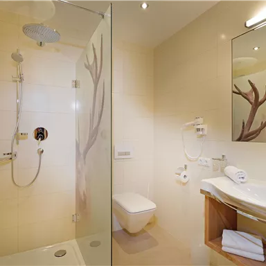 A modern bathroom with a shower and glass wall. The walls are light and there is an elegant sink arrangement.