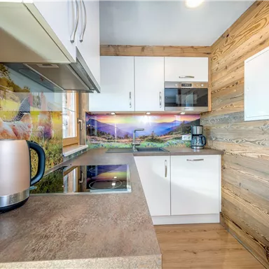 A modern kitchen with wood paneling and light cabinets. A kettle and a microwave are also available.