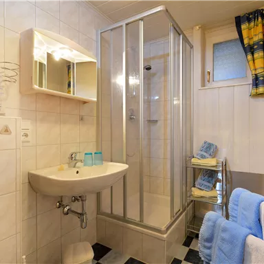A modern bathroom with a shower, a sink, and a large mirror. Towels are neatly arranged on a shelf.