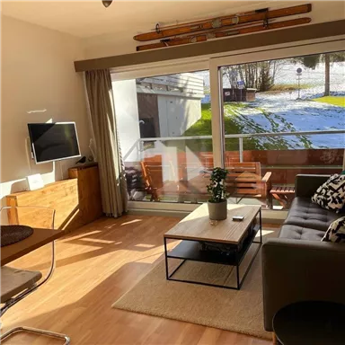 Ein gemütliches Wohnzimmer mit viel natürlichem Licht. Die große Fensterfront bietet einen Blick auf den Garten und die schneebedeckte Landschaft.