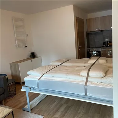 Ein modernes Zimmer mit einem Bett und einer offenen Küchenzeile. Die Einrichtung ist schlicht und einladend mit einem hellen, freundlichen Raum.