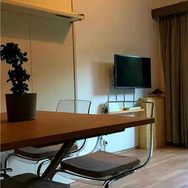 Ein schlichtes Esszimmer mit einem Holztisch und modernen Stühlen. Im Hintergrund befindet sich ein Fernseher und eine Pflanze auf dem Tisch.