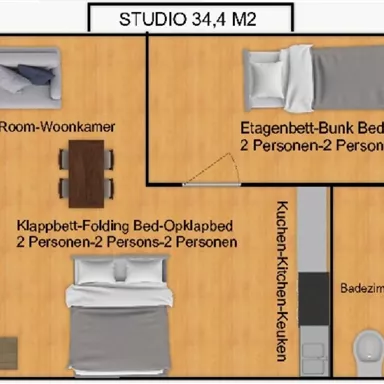 Eine Grundrissskizze eines Studios mit einem Wohnzimmer, einem Etagenbett und einem Klappbett. Es zeigt auch einen kleinen Essbereich und ein Badezimmer.