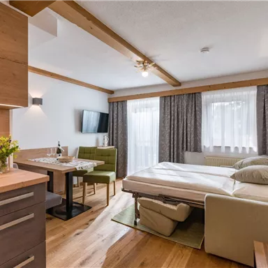 Ein modernes Zimmer mit einem Schlafsofa, einem Tisch und Stühlen. Helle Farben und viel natürliches Licht schaffen eine einladende Atmosphäre.