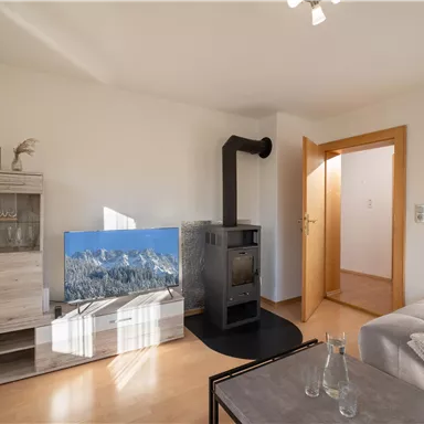 A modern living room with a wood stove and a large television. Bright walls and natural wood colors create an inviting atmosphere.