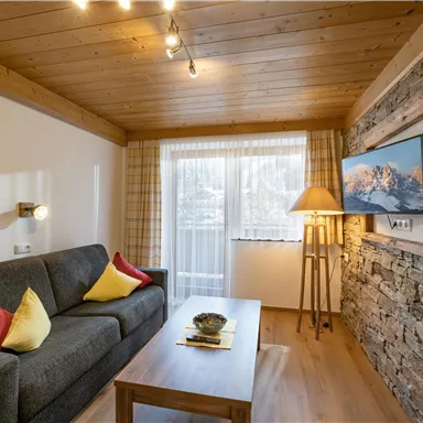 A cozy living room with a gray sofa and colorful cushions. Wooden ceiling and stone wall give the room a warm atmosphere.