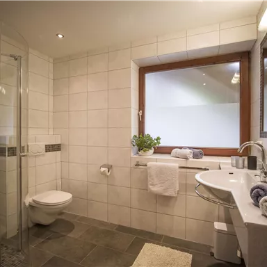 Ein modernes Badezimmer mit Fliesenboden und hellem Interieur. Es gibt eine Dusche, ein Waschbecken und ein Fenster mit Pflanzen.