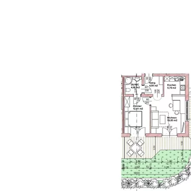 Der Grundriss zeigt eine moderne Wohnung mit einem offenen Wohnbereich und mehreren Schlafzimmern. Im Außenbereich sind die Terrassen und Grünflächen skizziert.