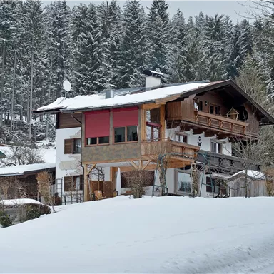 Eine malerische alpine Landschaft mit schneebedeckten Häusern. Hohe Tannenbäume umgeben die Szene und bedecken die Umgebung mit Schnee.