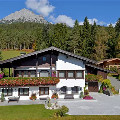 A beautiful alpine house surrounded by green meadows and tall trees. In the background, majestic mountains can be seen.