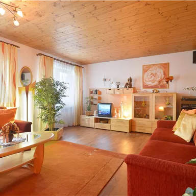 A cozy living room with red and beige sofas. There is a table, a television, and windows with curtains that let in light.