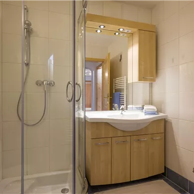 Ein modernes Badezimmer mit einer Duschkabine und Holzschränken. Die Wände sind hell gefliest und es gibt gute Beleuchtung.