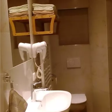 Ein modernes Badezimmer mit Holzdecke und warmen Beige-Tönen. Es enthält ein Waschbecken, eine Toilette und gefaltete Handtücher auf einem Regal.