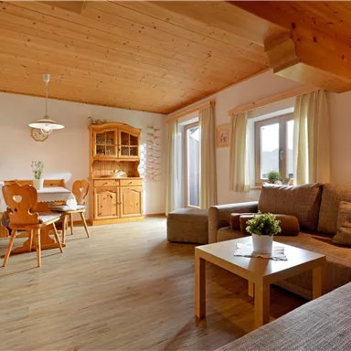 Ein gemütlicher Wohnraum mit Holzdecke und viel natürlichem Licht. Es gibt ein Sofa, einen Tisch und Stühle sowie eine Küchenzeile im Hintergrund.