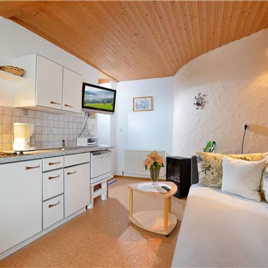 A bright and cozy kitchen with a living area. The room is modernly furnished and offers a television as well as a comfortable couch.