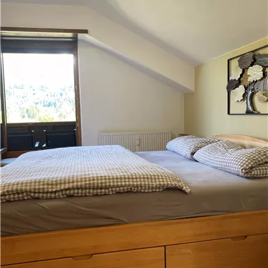A cozy bedroom with a large bed and a window that looks out onto nature. The walls are bright, and there are decorative elements in the room.