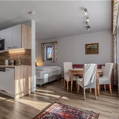 Eine moderne, helle Wohnung mit offener Küche und Essbereich. Der Raum ist gemütlich eingerichtet und hat große Fenster, die für viel Licht sorgen.