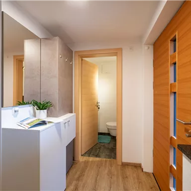 Ein moderner Eingangsbereich mit hellem Holz und einem eleganten Tisch. Die Wände sind in neutralen Farben gehalten, und eine Pflanze sorgt für einen frischen Akzent.