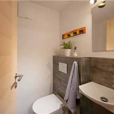 Ein modernes Badezimmer mit einer Toilette und einem Waschbecken. An der Wand hängt ein Bild mit Elefanten, und eine Pflanze sorgt für frische Akzente.