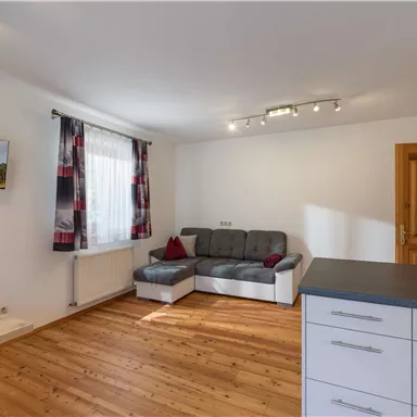 Ein gemütliches Wohnzimmer mit einem grauen Sofa und einem Fernseher. Der Boden ist aus Holz und es gibt große Fenster mit Vorhängen.