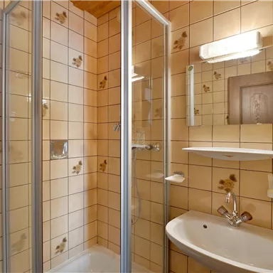 Ein kleines Bad mit einer Dusche, einem Waschbecken und einem Spiegel. Die Wände sind mit beige-fliesen und floralen Mustern dekoriert.