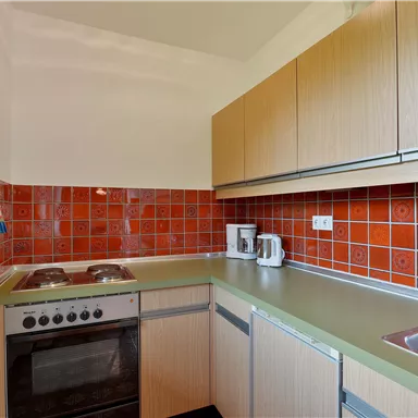 Eine moderne Küche mit Holzschränken und einer roten Fliesenwand. Sie ist mit einem Herd, einer Spüle und einem Wasserkocher ausgestattet.