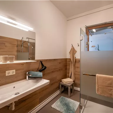 Ein modernes Badezimmer mit Holzverkleidung und einer Glasdusche. Der Raum ist hell und sauber, mit Handtüchern und Toilettenartikeln organisiert.