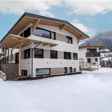 Zwei moderne Häuser in einer verschneiten Landschaft. Im Hintergrund sind schneebedeckte Berge und ein klarer Himmel zu sehen.