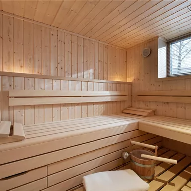 Eine gemütliche Sauna aus hellem Holz mit ausreichend Platz zum Entspannen. Durch das Fenster scheint Tageslicht herein.