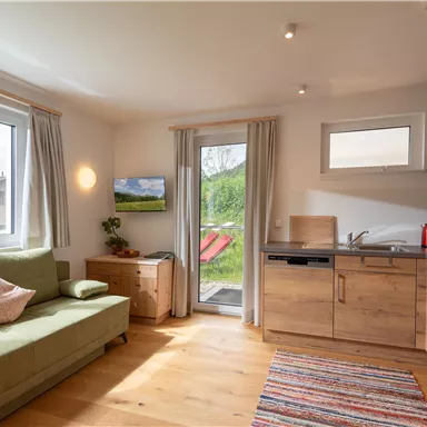 Ein helles und modernes Wohnzimmer mit einer grünen Couch und einem kleinen Tisch. In der Ecke steht eine Küchenzeile und große Fenster bieten einen Blick nach draußen.