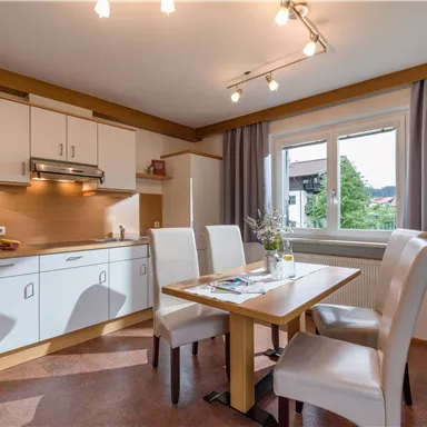 A modern kitchen with a dining area and a table. Through the window, plenty of daylight and a view of greenery can be seen.