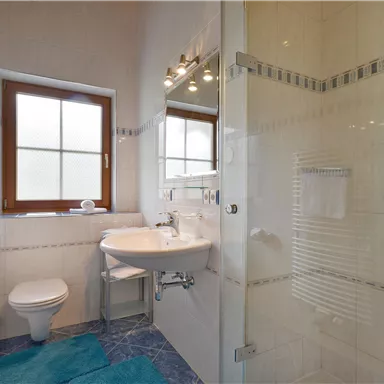 Ein modernes Badezimmer mit einer Dusche, einem Waschbecken und einem Fenster. Der Boden ist mit einem blauen Teppich ausgelegt.