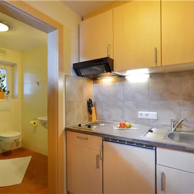 A modern kitchenette with light wooden cabinets and a sink. In the background, a bathroom with a shower and toilet is visible.