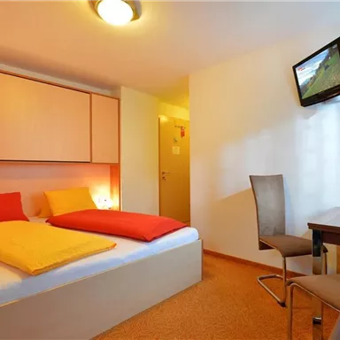 A modern room with a double bed, colorful cushions, and a small dining table. A television is hung on the wall and a plant is on the table.