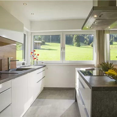 Eine moderne Küche mit großen Fenstern und Blick auf eine grüne Landschaft. Die farbenfrohe Obstschale auf der Arbeitsplatte ergänzt das elegante Design.