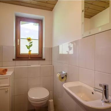A bright bathroom with white tiles and a window. A sunflower is on the windowsill.