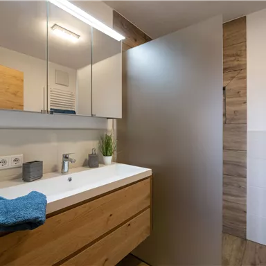 Ein modernes Badezimmer mit Holzregalen und einem stilvollen Waschbecken. Die klare Trennwand sorgt für Privatsphäre und das minimalistische Design schafft eine entspannte Atmosphäre.