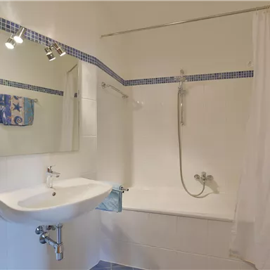 A bright bathroom with a bathtub and a shower. Towels and a mirror are visible at the sink.