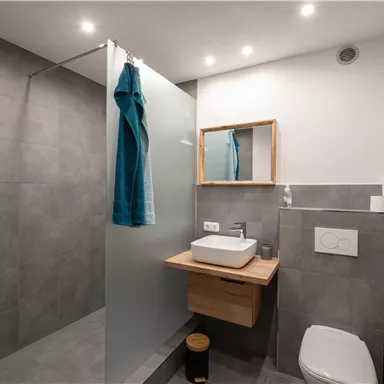 A modern bathroom with gray tiles and a glass shower partition. There is a wooden piece of furniture with a sink and a large mirror.