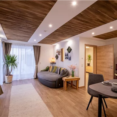 A modern apartment with wooden paneling and a cozy sofa. The room is bright and inviting, with decorations and plants.
