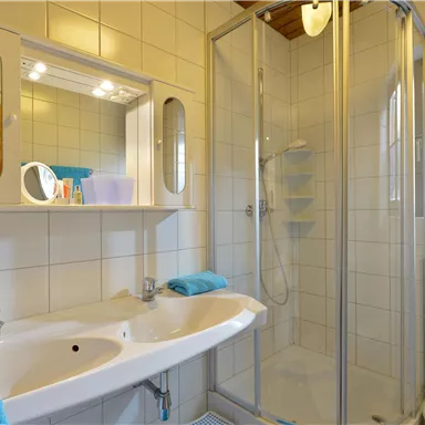 Ein modernes Badezimmer mit einer Dusche und einem großen Spiegel. Blaue Handtücher sind auf dem Waschbecken platziert.