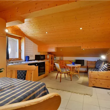 A cozy living kitchen with wooden paneled walls and ceilings. The room is bright and modernly furnished with a table, chairs, and a small seating area.