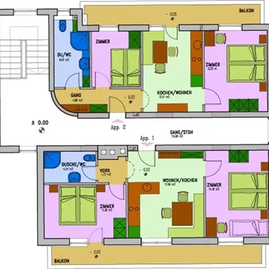 A colored floor plan drawing of two apartments. The rooms are clearly labeled, including bedrooms, living rooms, and bathrooms.