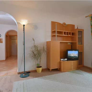 A cozy living room with a TV, a wooden shelf, and a plant. The room has large windows with colorful curtains and is brightly lit.