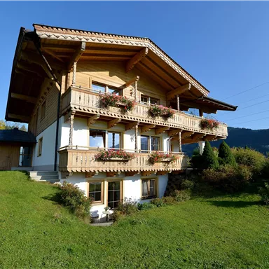 A alpine house with several balconies and plants. The building is located on a green slope, surrounded by mountains and a clear sky.