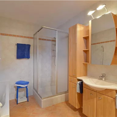 A modern bathroom with a shower, a sink, and wooden shelves. An orchid is on the windowsill and towels are hanging on the holders.
