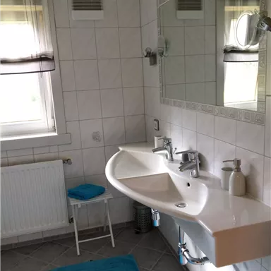 A modern bathroom with a curved sink and a large mirror. The walls are tiled and there is a blue rug on the floor.