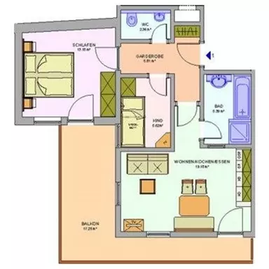A floor plan sketch of an apartment with two bedrooms, a bathroom, and a living/dining area. The balcony is also marked.